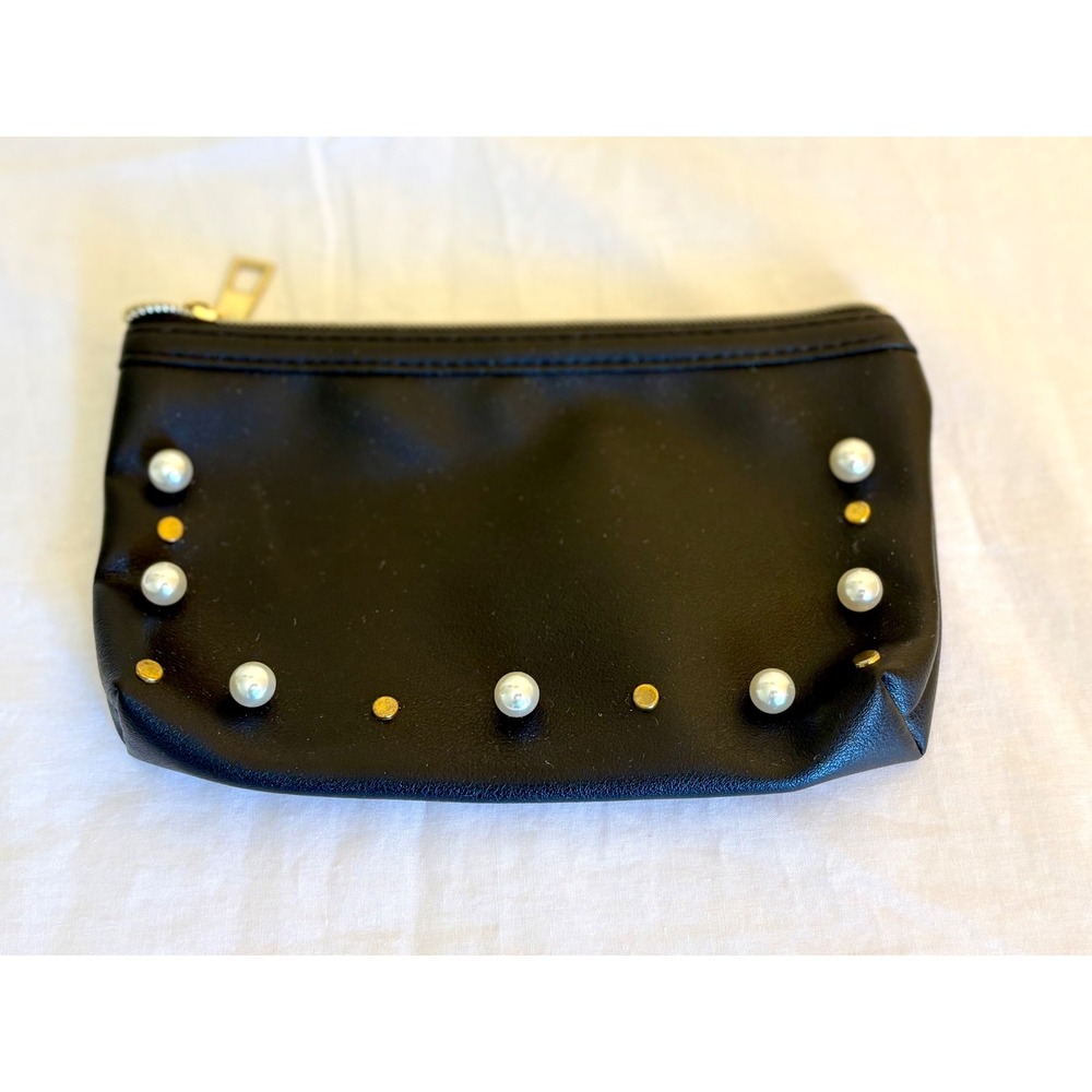Ruby + Cash Black Faux Leather Pearl and Stud Embellished Cosmetic Makeup Bag